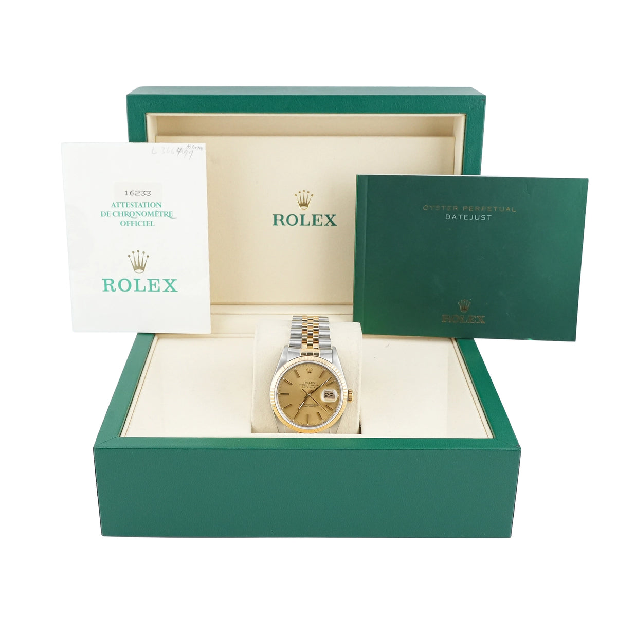Rolex Datejust 36 Champagne Stick Dial on Jubilee 16233 Papers 1989
