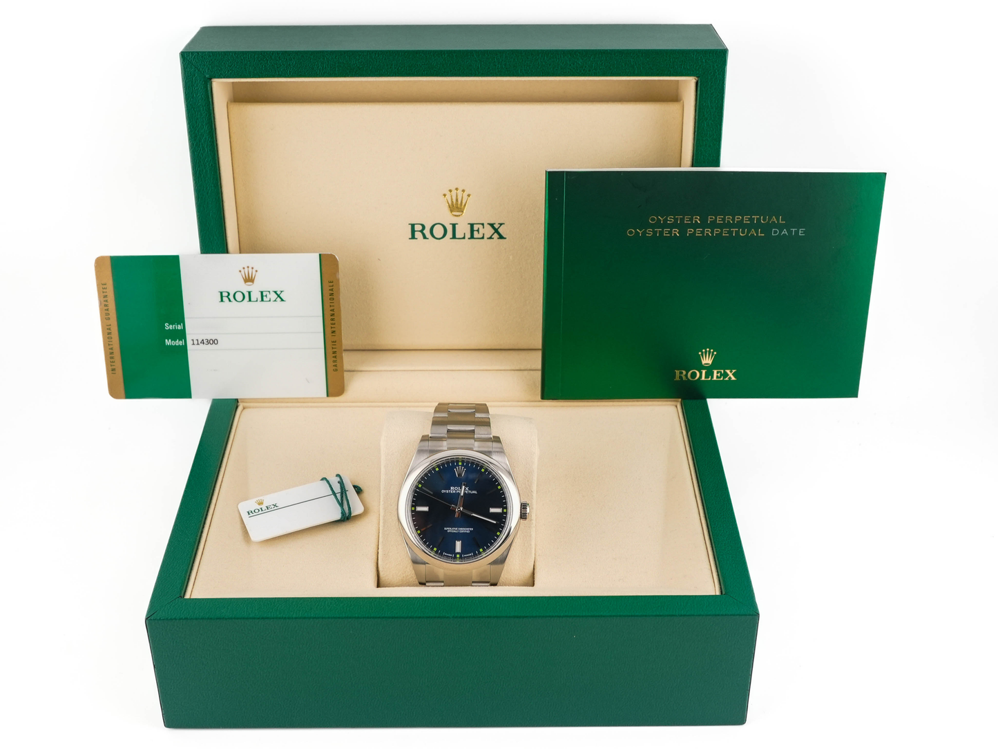 Rolex Oyster Perpetual 39 Blue Index Dial on Oyster 114300 Card 2015