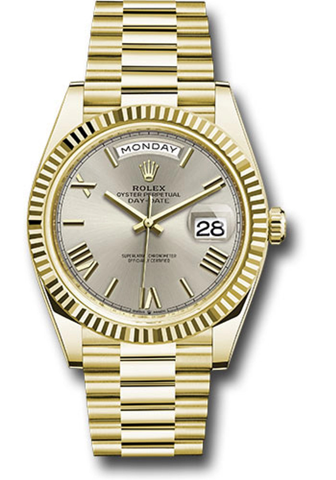 Rolex Day-Date 40 Silver Bevelled Roman Dial on President 228238 Complete 2021
