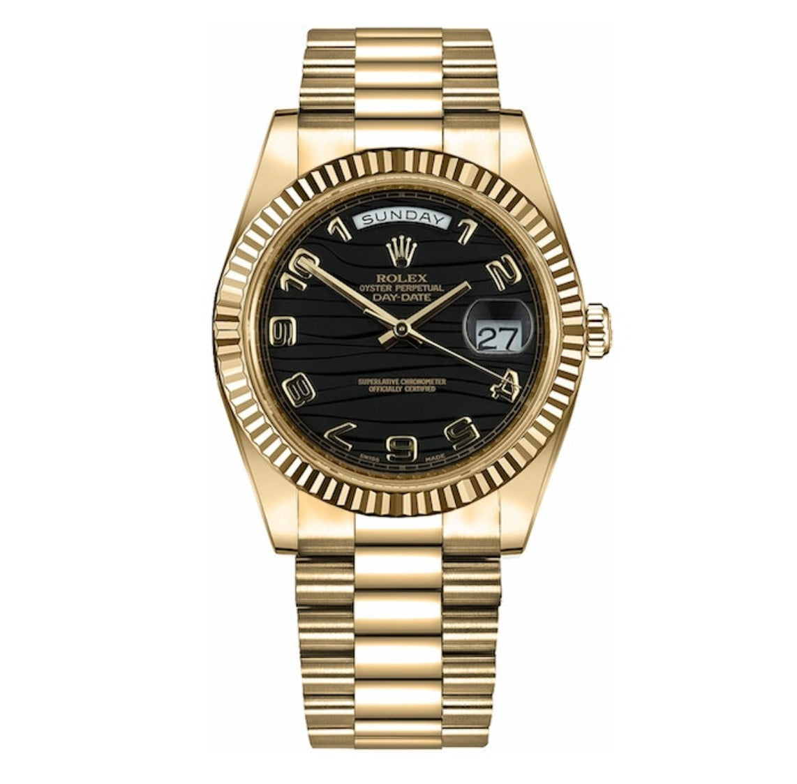 Rolex Day-Date 41 Black Wave Arabic Dial on President 218238 Card 2009