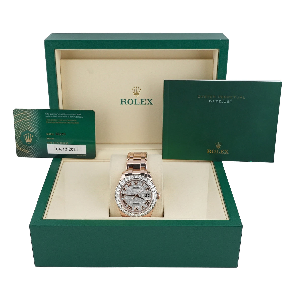 Rolex Datejust Pearlmaster 39 Diamond Paved Roman Dial on Pearlmaster 86285 Card 2021