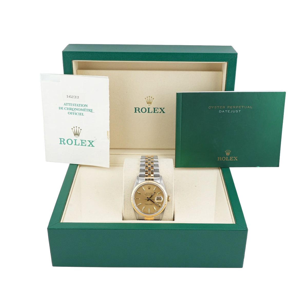 Rolex Datejust 36 Champagne Stick Dial on Jubilee 16233 Papers 1989