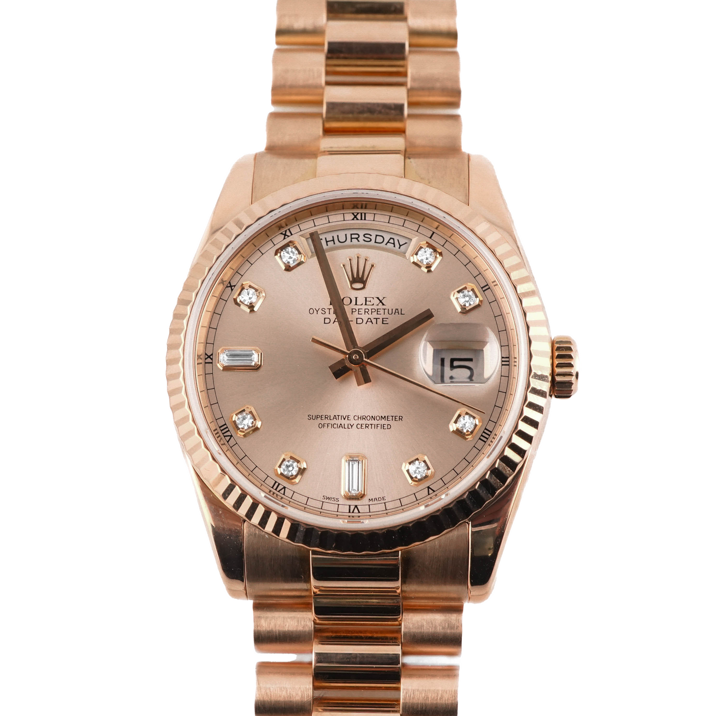 Rolex Day-Date 36 Pink Champagne Diamond Dial on President 118235 2005
