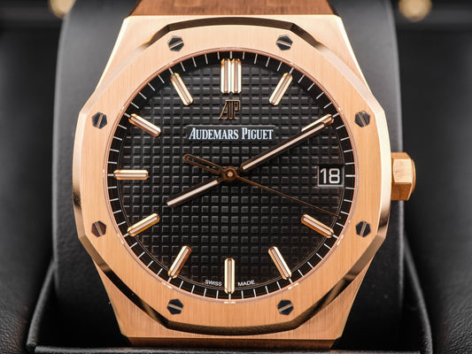 Audemars Piguet Royal Oak Black Dial on Leather Strap 15500OR.OO.D002CR.01 Complete 2019