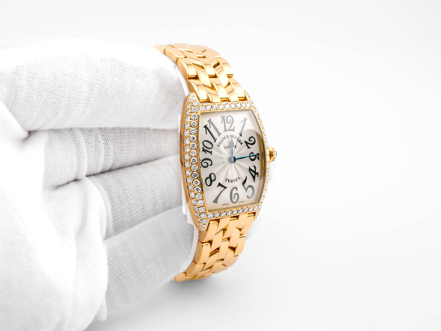 Franck Muller Cintrée Curvex SIlver Dial on 18K Yellow Gold Bracelet 1752 QZ D Complete Open Date