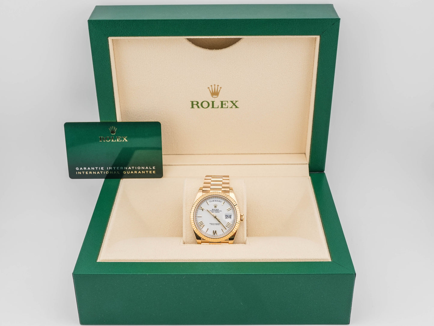 Rolex Day-Date 40 White Bevelled Roman Dial on President 228238 Card 2024