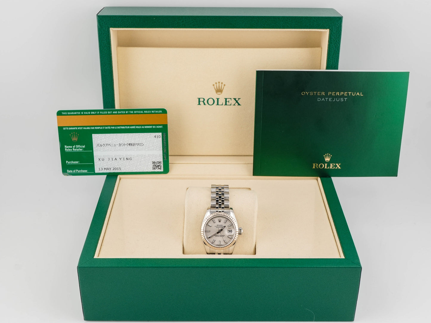 Rolex Datejust Lady Silver Stick Dial on Jubilee 179174 Card 2015