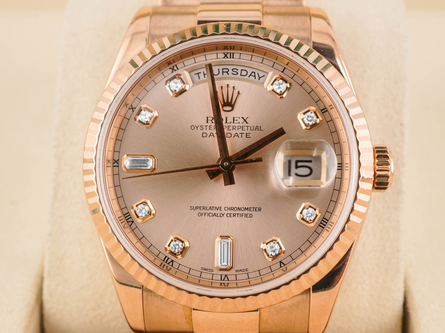 Rolex Day-Date 36 Pink Champagne Diamond Dial on President 118235 2005