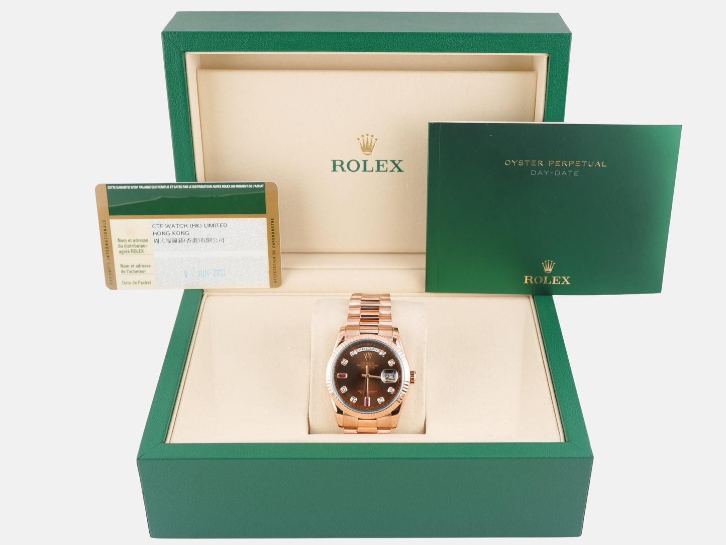 Rolex Day-Date 36 Chocolate Diamond And Ruby Dial on President 118235 Card 2013