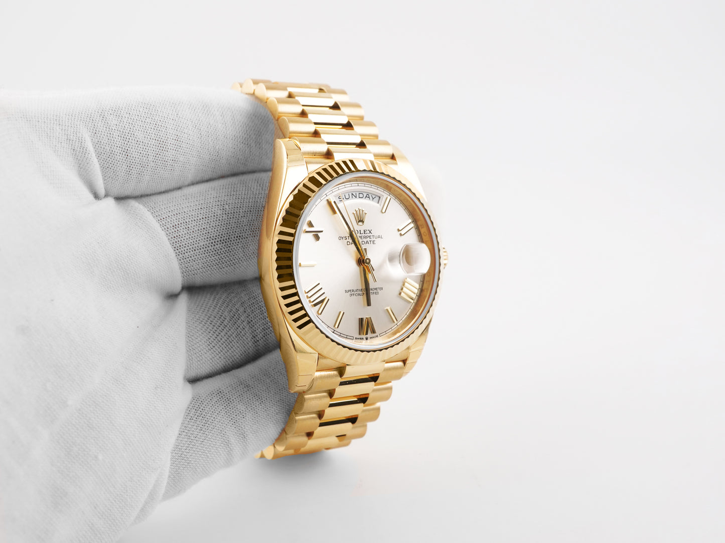 Rolex Day-Date 40 Silver Bevelled Roman Dial on President 228238 Card 2025