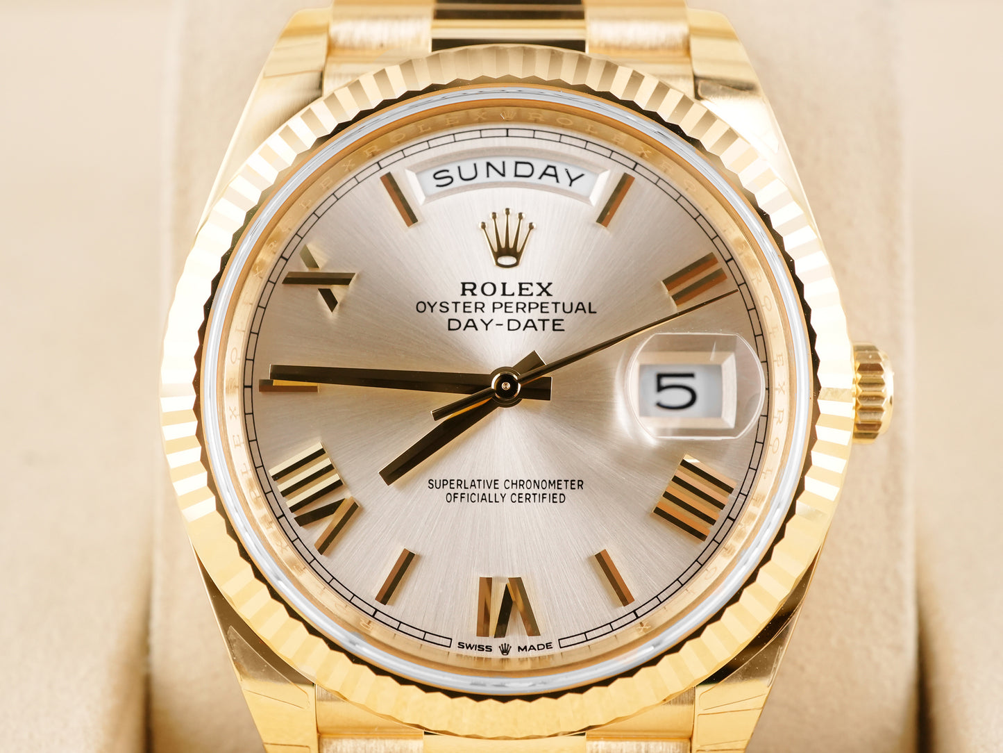 Rolex Day-Date 40 Silver Bevelled Roman Dial on President 228238 Card 2025