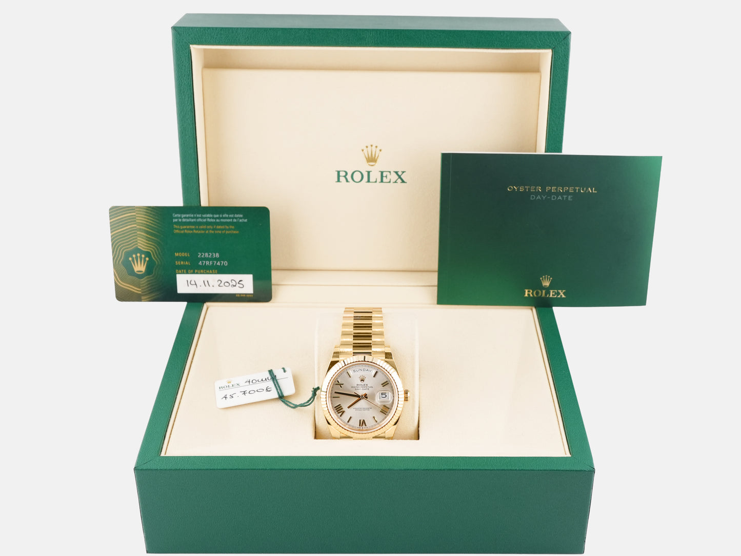 Rolex Day-Date 40 Silver Bevelled Roman Dial on President 228238 Card 2025