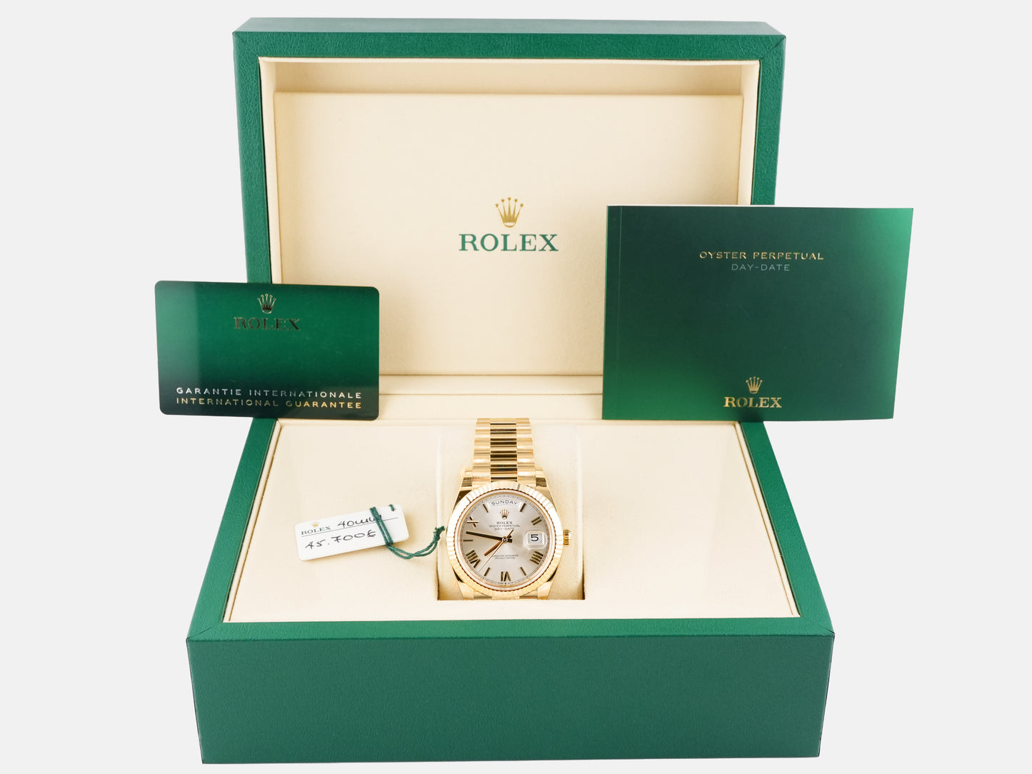 Rolex Day-Date 40 Silver Bevelled Roman Dial on President 228238 Card 2025