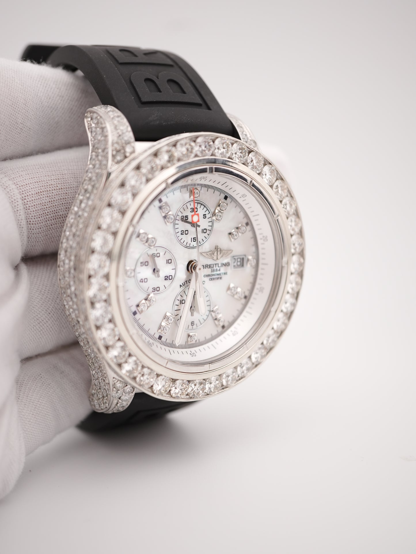 Breitling Super Avenger Custom White MOP Diamond Dial Dial on Rubber Strap A13370 2012