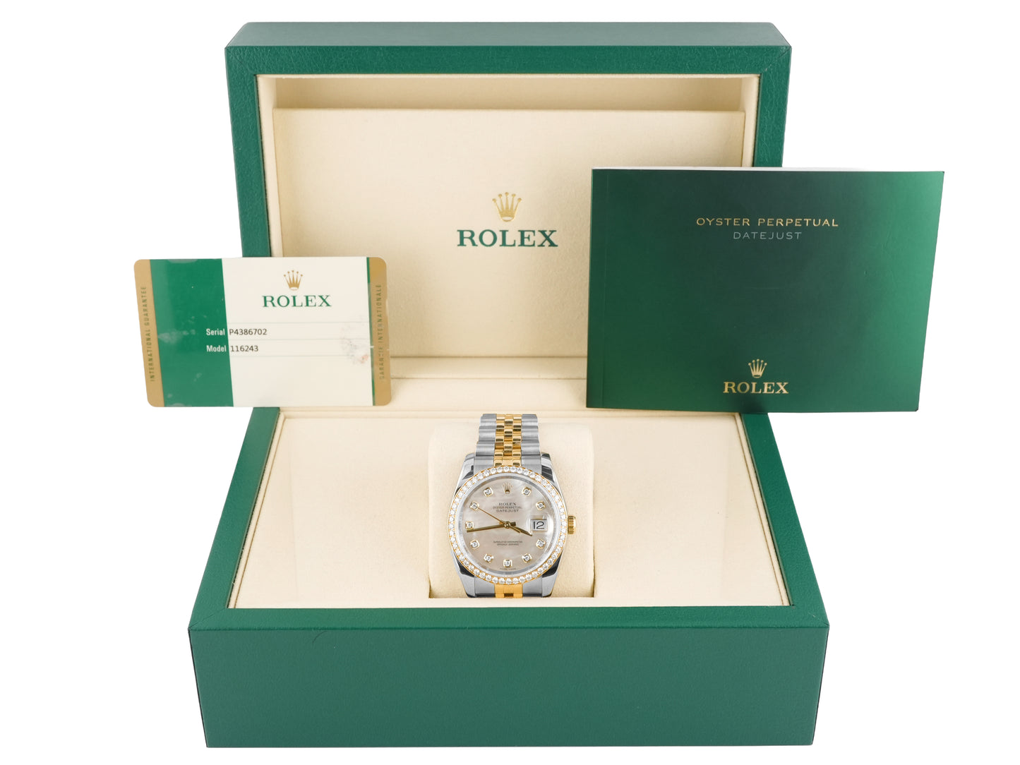 Rolex Datejust 36 Mother of Pearl Diamond Dial on Jubilee 116243 Card 2015