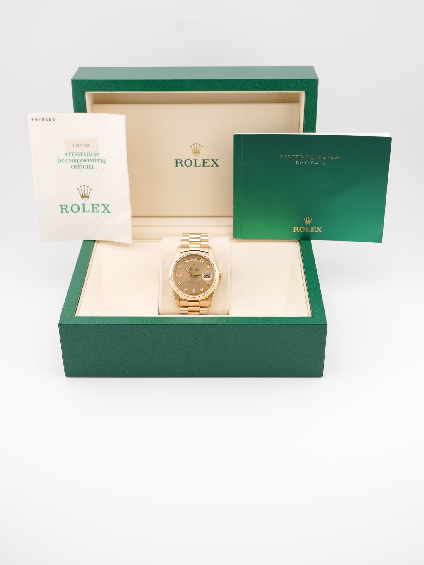 Rolex Day-Date 36 Champagne Diamond Dial on President 18238 Papers 1993