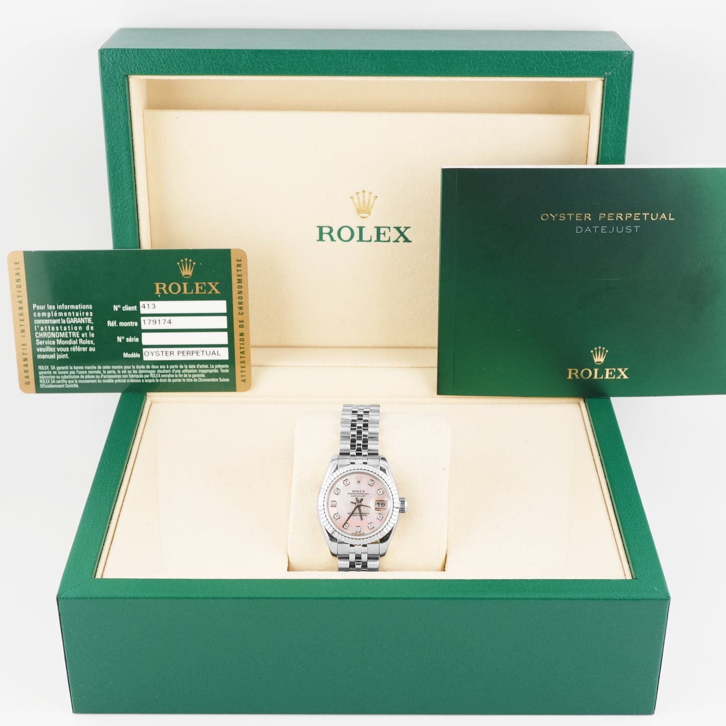 Rolex Datejust Lady Mother of Pearl Diamond Dial on Jubilee 179174 Card 2010
