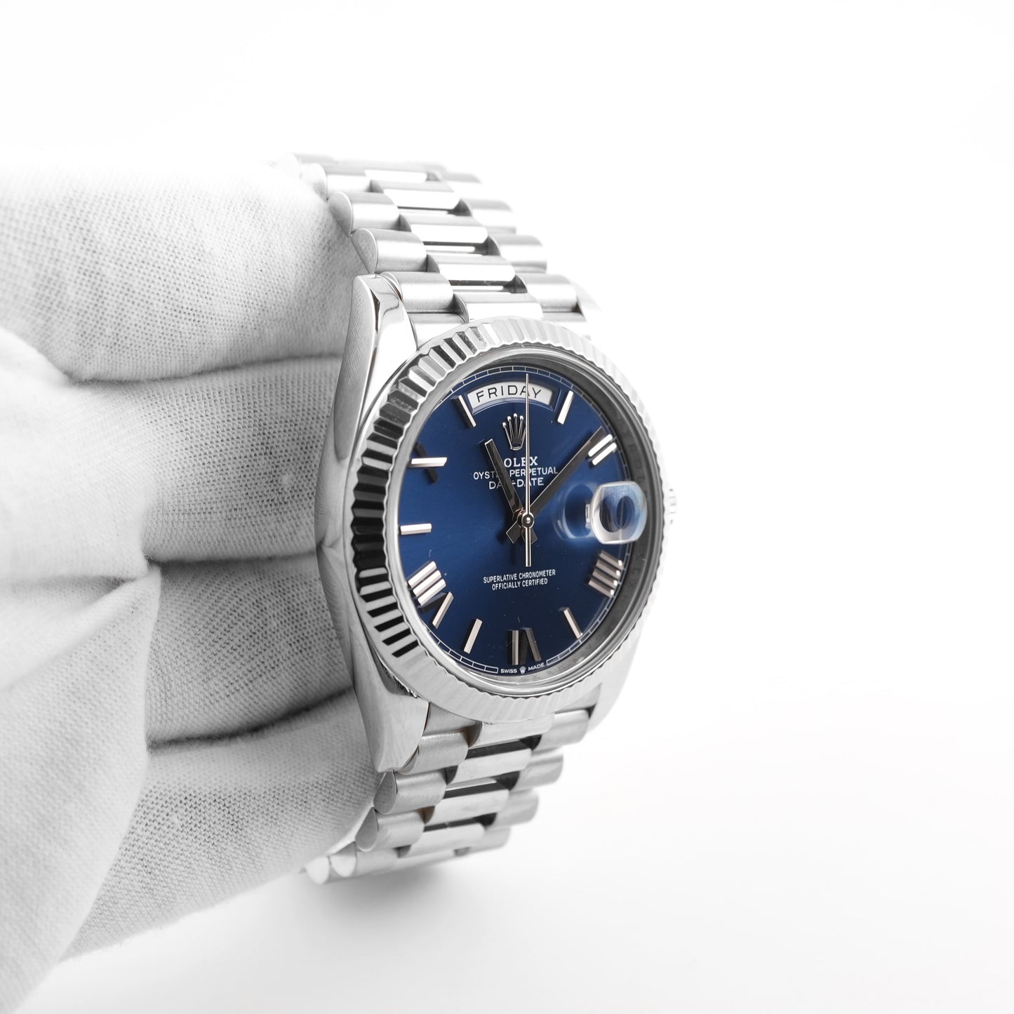 Rolex Day-Date 40 Blue Bevelled Roman Dial on President 228239 Card 2025