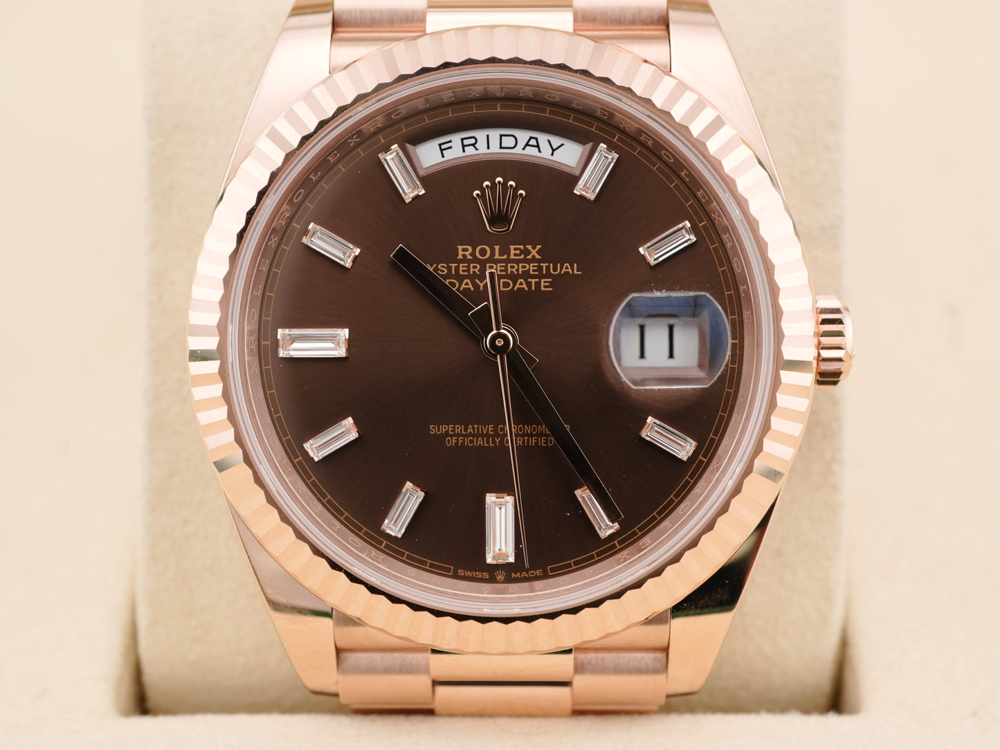 Rolex Day-Date 40 Chocolate Baguette Diamond Dial on President 228235 Card 2025