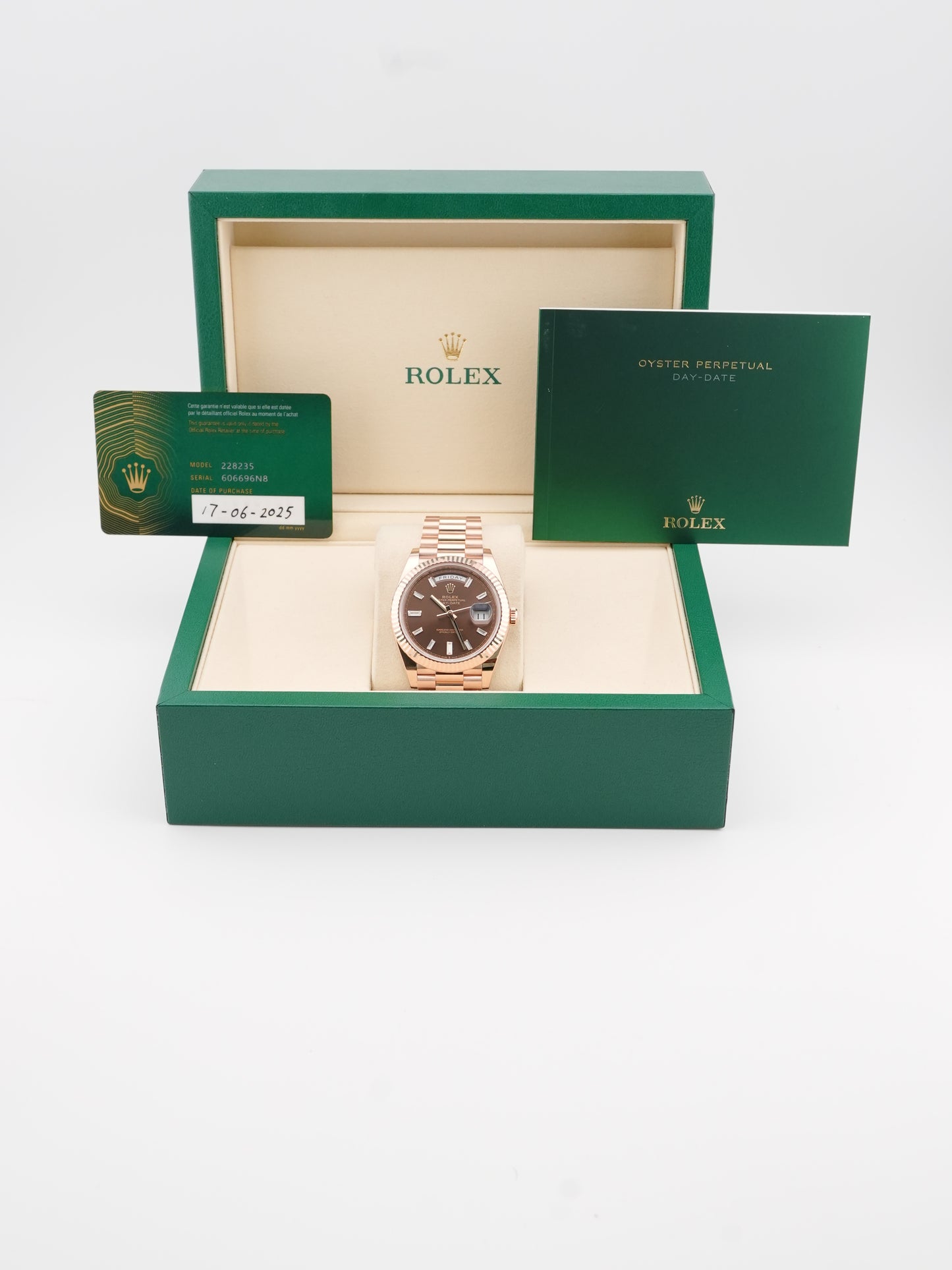 Rolex Day-Date 40 Chocolate Baguette Diamond Dial on President 228235 Card 2025