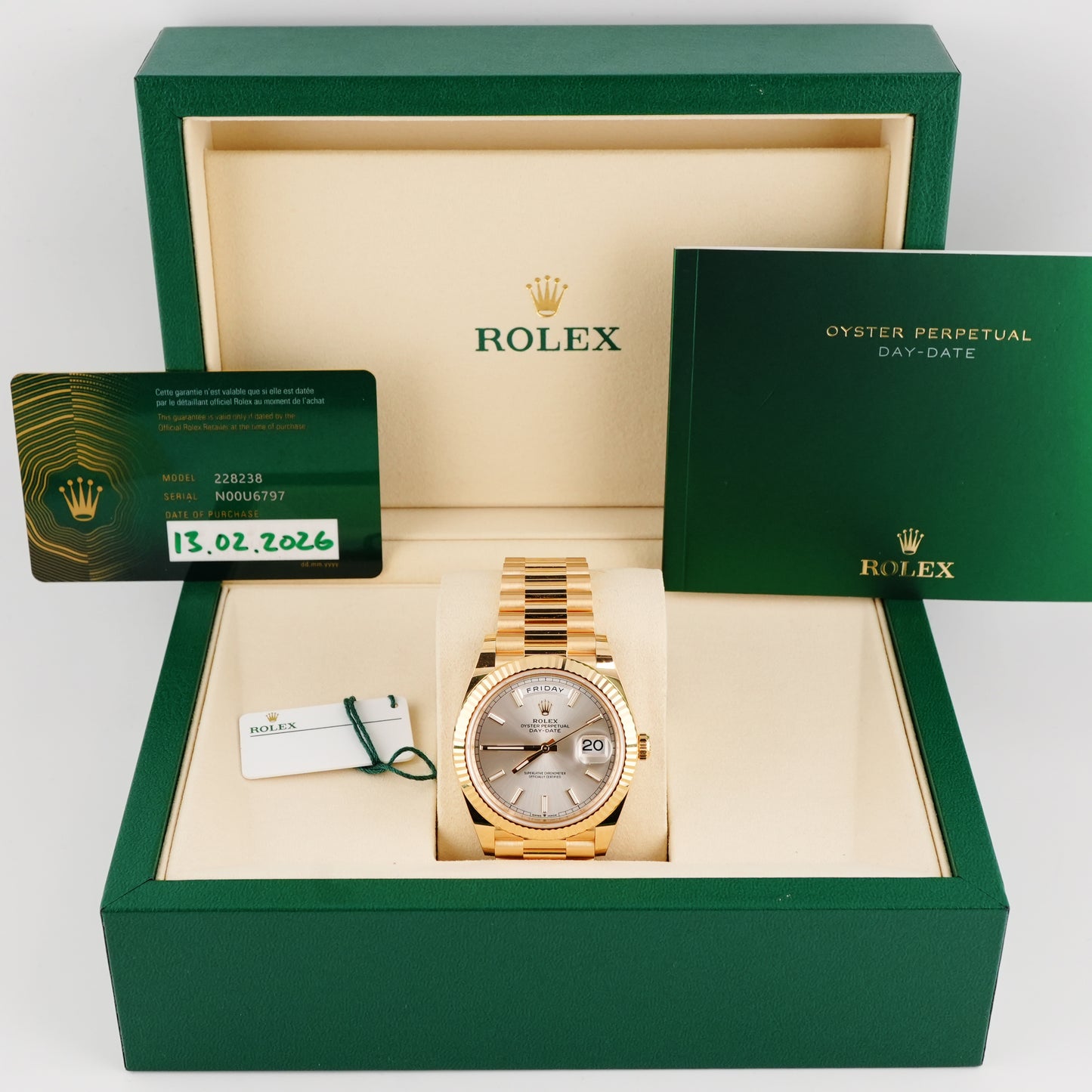 Rolex Day-Date 40 Silver Index Dial on President 228238 Complete 2026