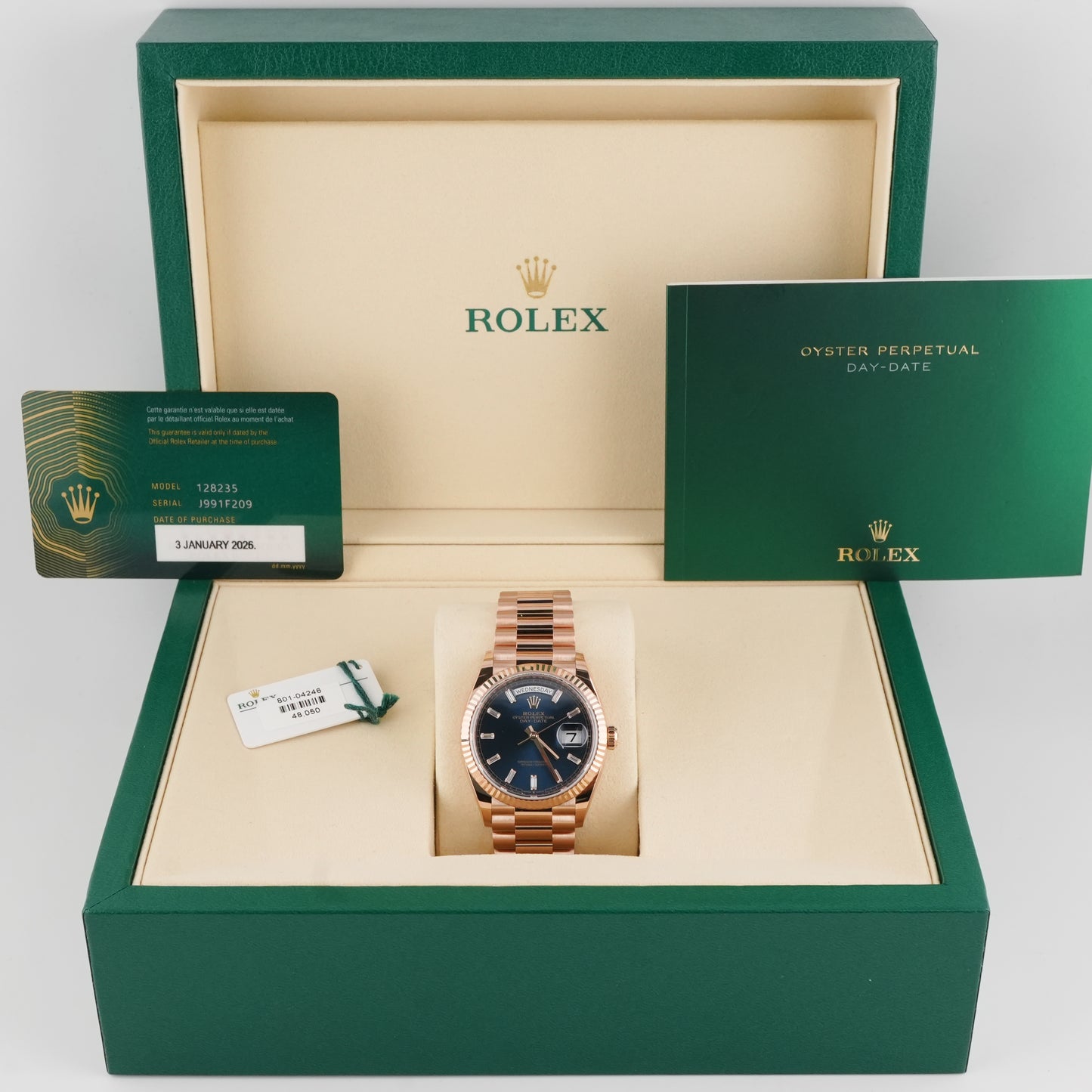 Rolex Day-Date 36 Blue-Green Dial on President 128235 Complete 2026