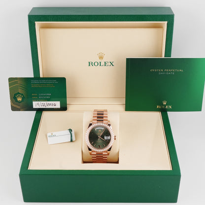 Rolex Day-Date 40 Olive Green Bevelled Roman Dial on President 228345RBR Complete 2026