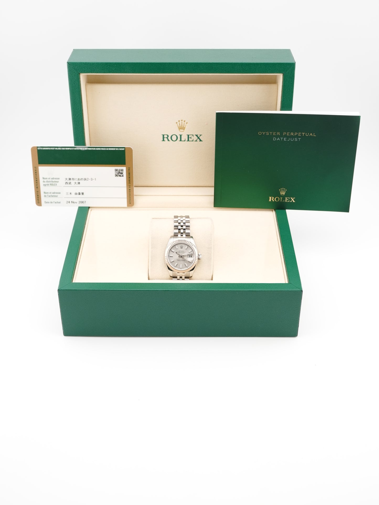 Rolex Datejust Lady Silver Stick Dial on Jubilee 179174 Card 2007