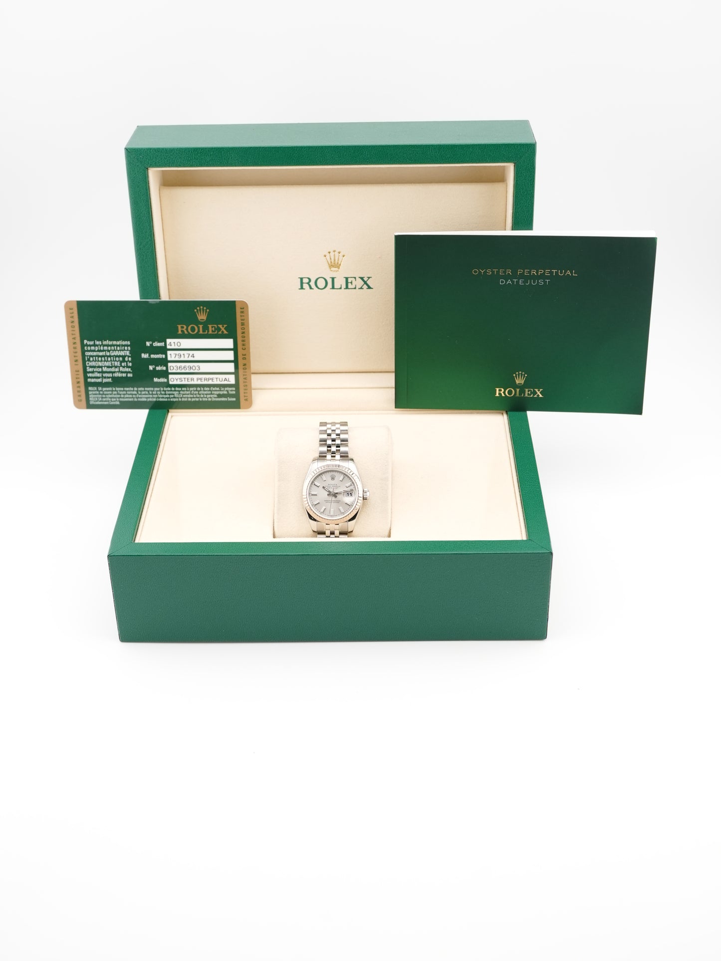 Rolex Datejust Lady Silver Stick Dial on Jubilee 179174 Card 2007
