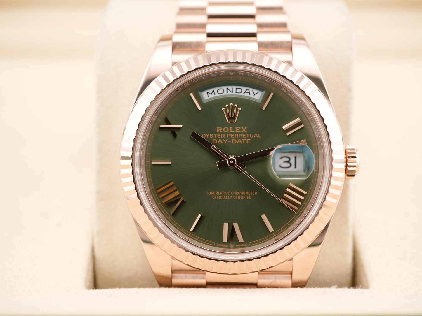 Rolex Day-Date 40 Olive Green Roman Dial on President 228235 Card 2020