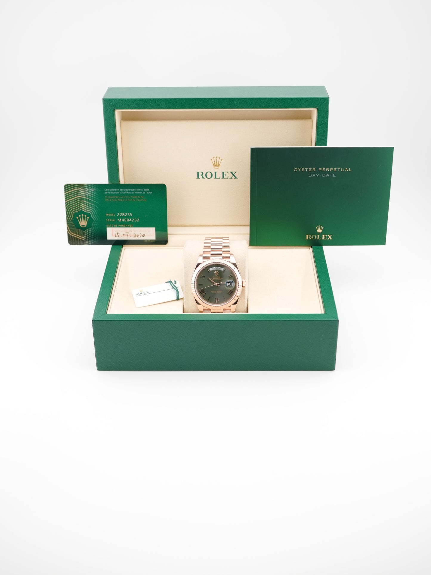 Rolex Day-Date 40 Olive Green Roman Dial on President 228235 Card 2020
