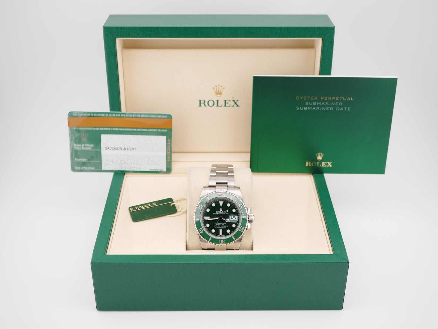 Rolex Submariner Hulk Green Dial on Oyster 116610LV Card 2015