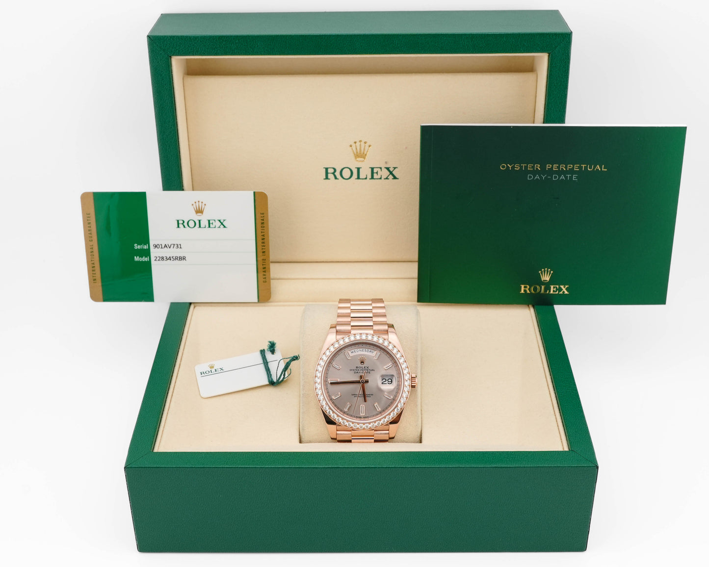 Rolex Day-Date 40 Sundust Baguette-Cut Diamond Dial on President 228345RBR Card 2019