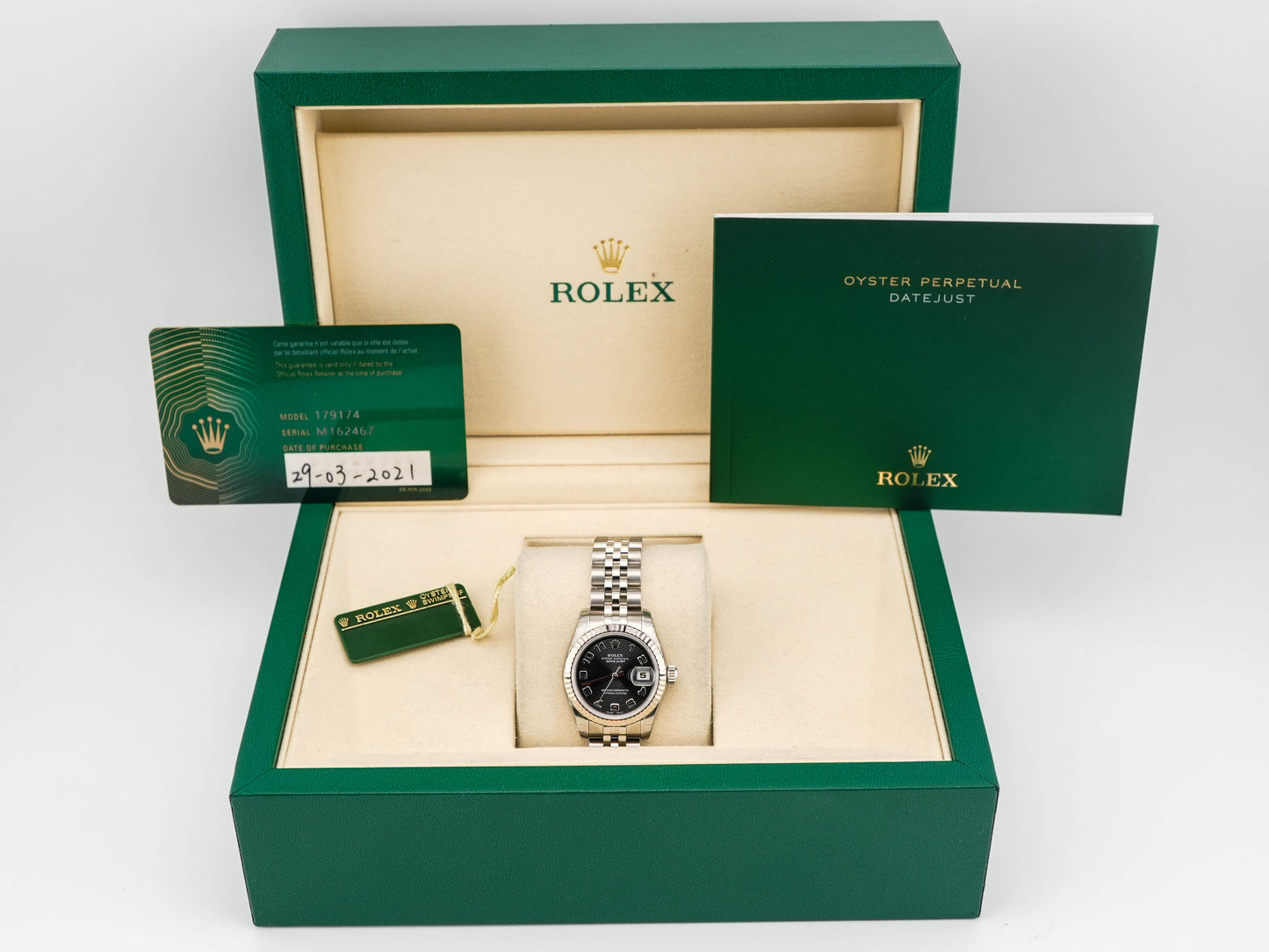 Rolex Datejust Lady Black Concentric Arabic Dial on Jubilee 179174 Card 2021