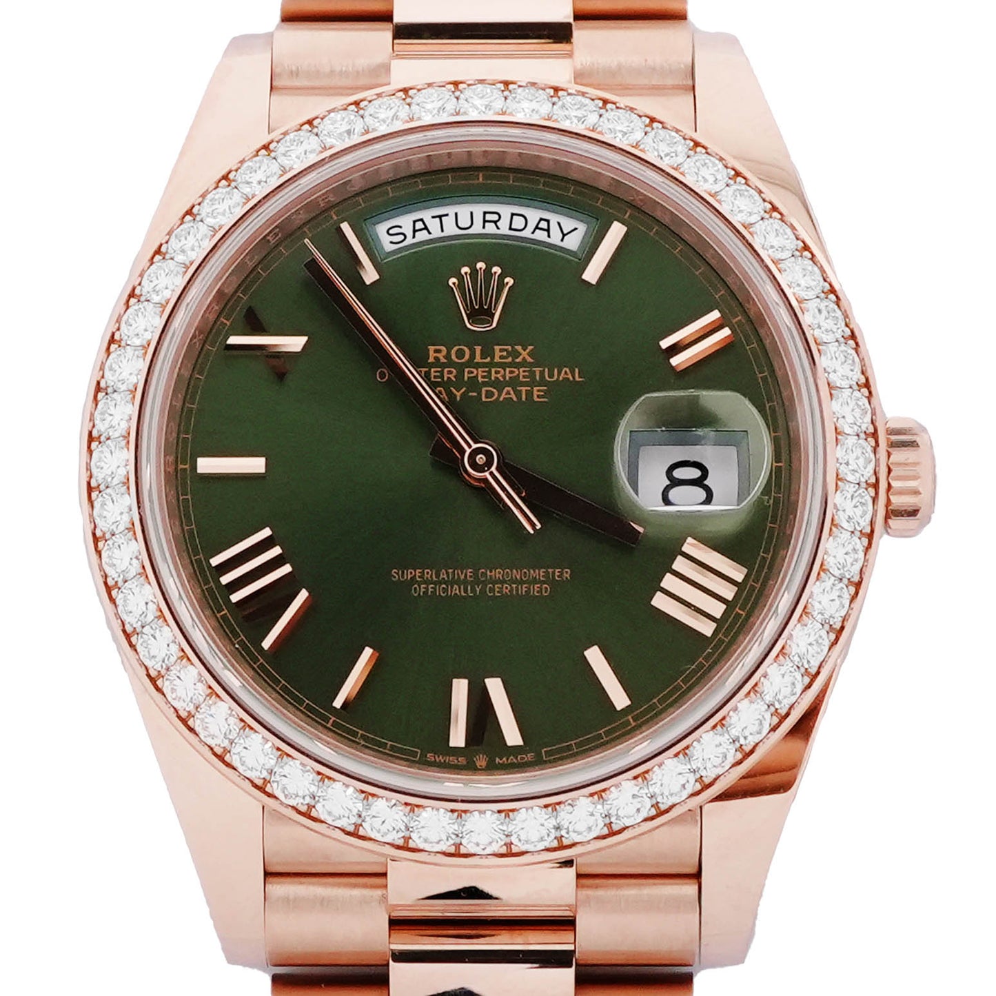 Rolex Day-Date 40 Olive Green Bevelled Roman Dial on President 228345RBR Complete 2026