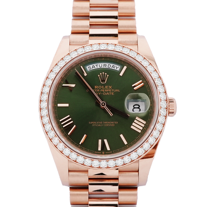 Rolex Day-Date 40 Olive Green Bevelled Roman Dial on President 228345RBR Complete 2026
