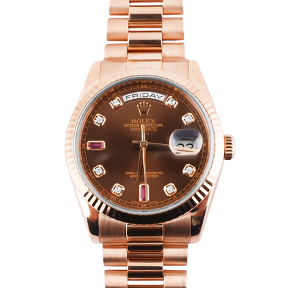 Rolex Day-Date 36 Chocolate Diamond And Ruby Dial on President 118235 Card 2013