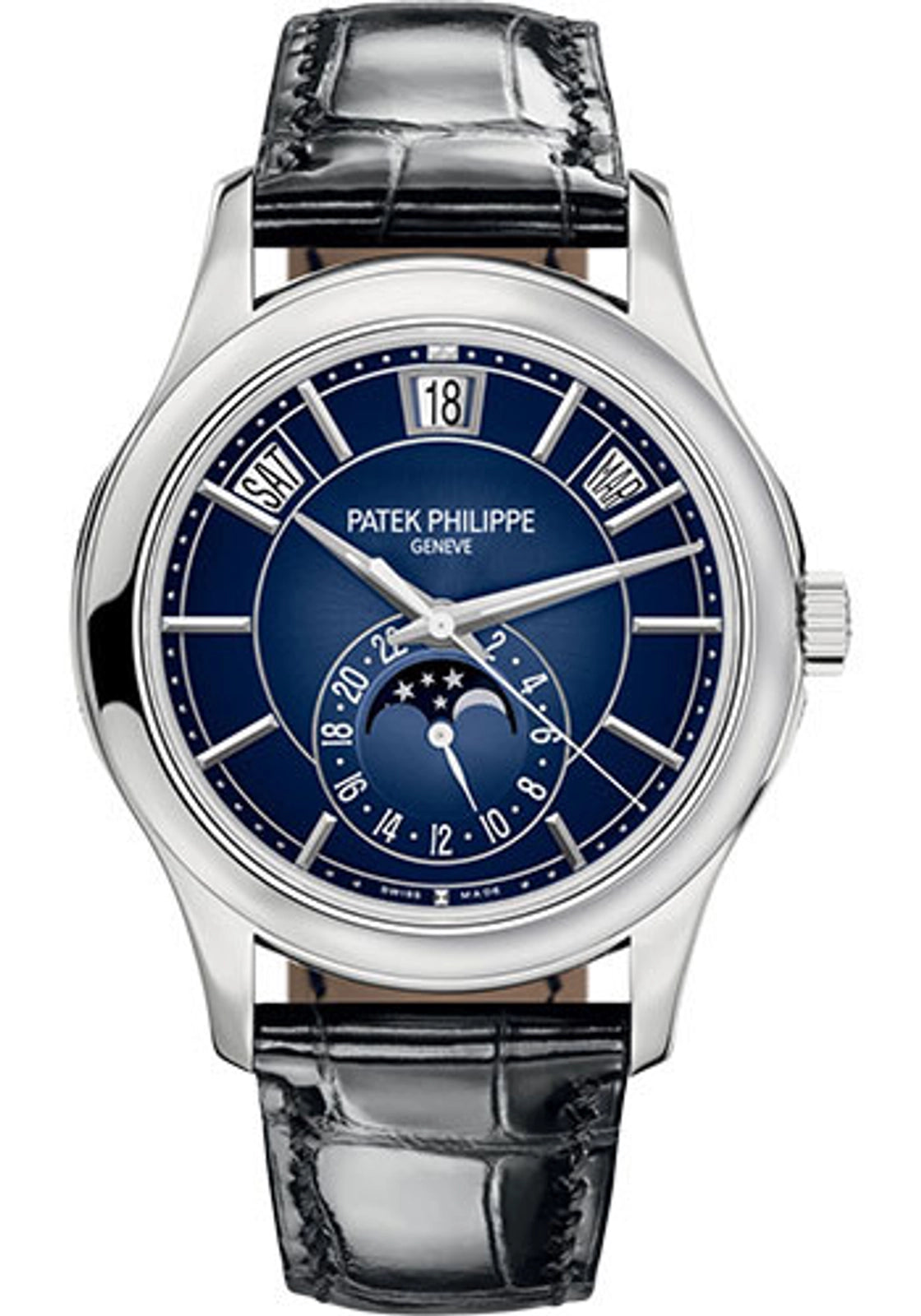 Patek Philippe Complications Annual Calendar Moon Phases Blue Sunburst Dial on Strap 5205G-013 Complete 2023