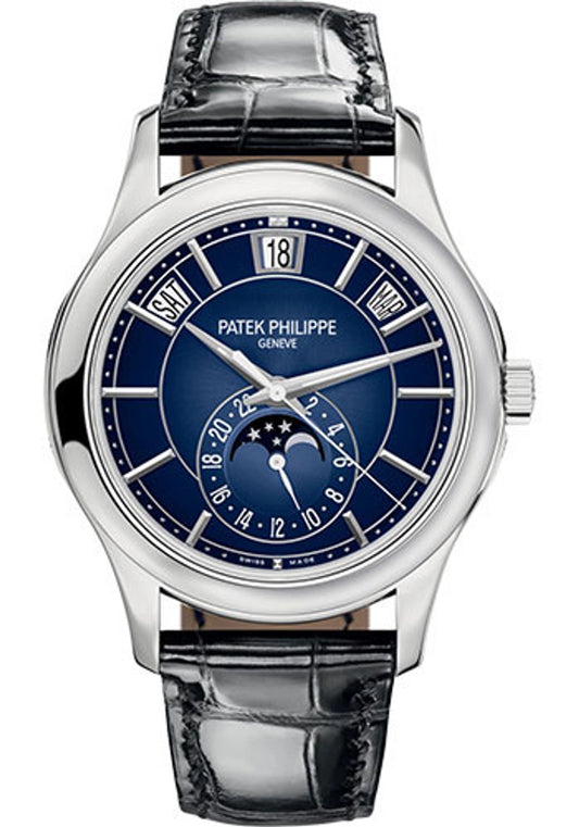 Patek Philippe Complications Annual Calendar Moon Phases Blue Sunburst Dial on Strap 5205G-013 Complete 2023